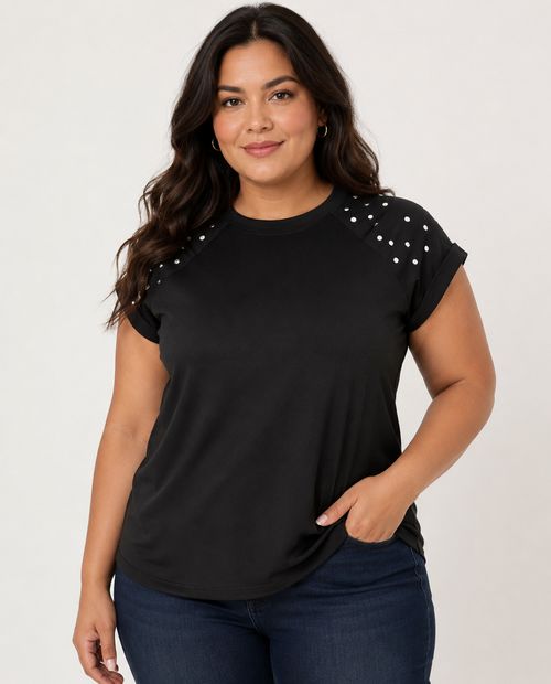 Camiseta sólida con aplicaciones en hombros negra
