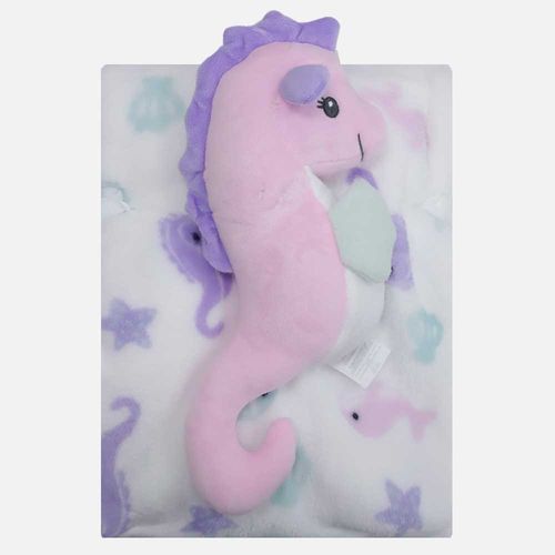 Frazada blanca con estampado marino y peluche de caballito de mar para bebé niña