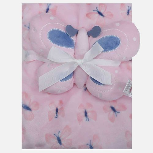 Frazada rosada con estampado y peluche de mariposa para bebé niña