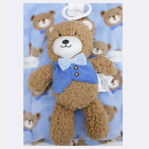 Frazada celeste con estampado y peluche de oso para bebé