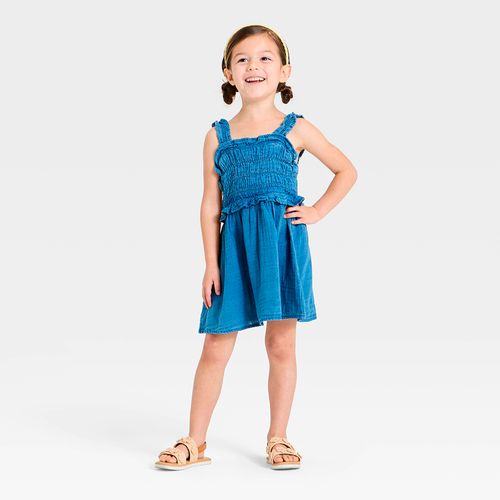 Vestido azul con fruncido para niña