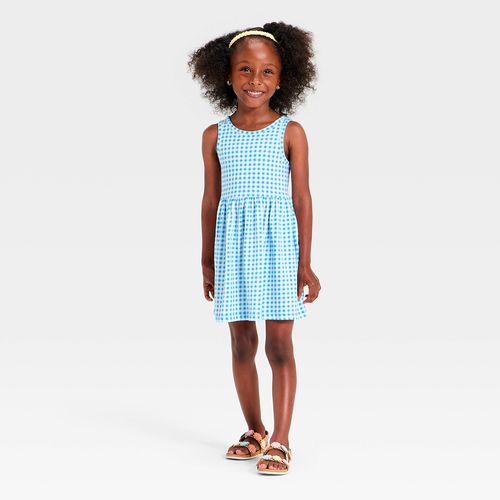 Vestido celeste con estampado cuadriculado para niña