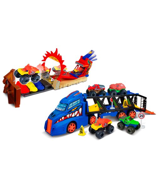 Express Wheels Animal Truck Transportador con 4 Monster Trucks y Lanzador