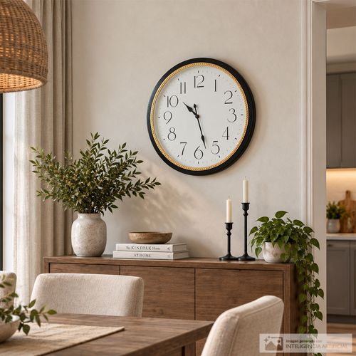 Reloj decorativo de pared redondo negro con detalle dorado