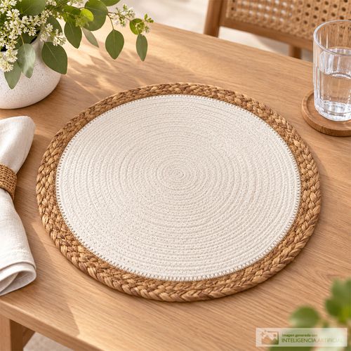 Individual redondo blanco con borde beige tejido