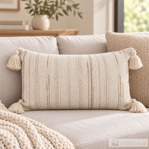 Cojín jacquard trenzado beige con flecos