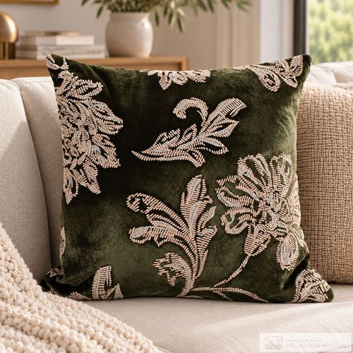 Cojín jacquard floral bordado verde