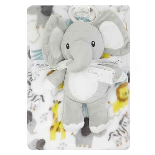 Frazada con peluche de elefante y estampado safari para bebé niño