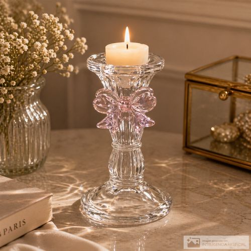 Portavelas de vidrio con lazo decorativa 6.5x10. 5cm