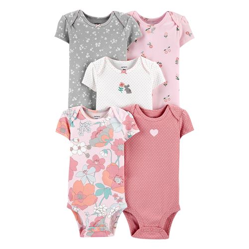 5 pack mamelucos rosados y blancos floreados para bebé niña