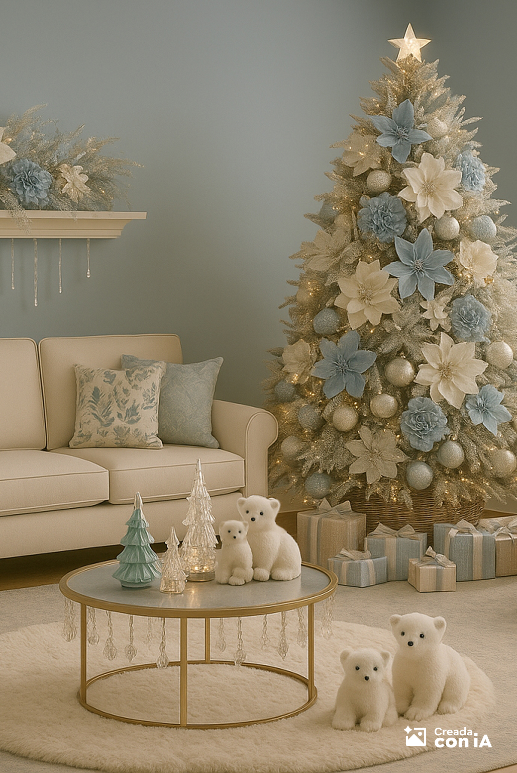 Decoración navideña Let it Snow con árbol blanco nevado y detalles en azul.